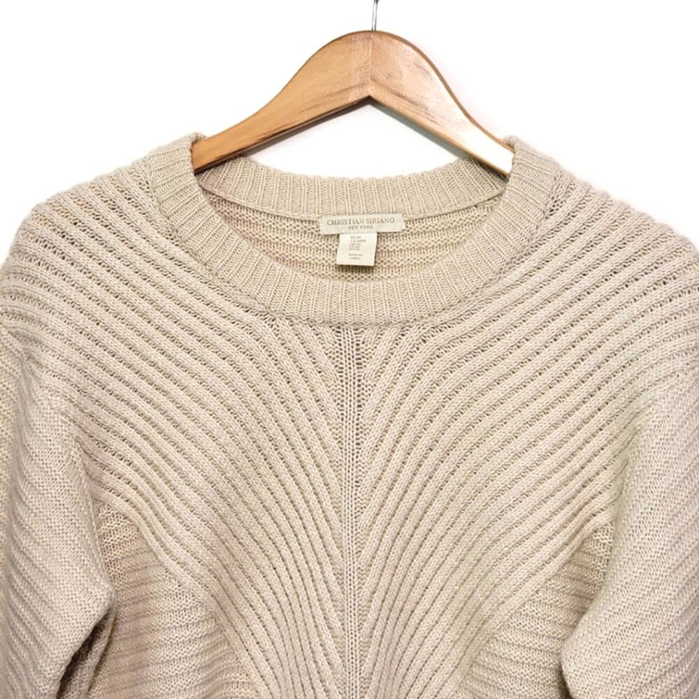 Christian Siriano Wool Blend Ribbed Crew Neck Cream Ivory Knit Sweater Size M - Picture 3 of 13
